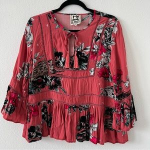 Jaase Floral Print Tassel Front Tie Bell Sleeve Top